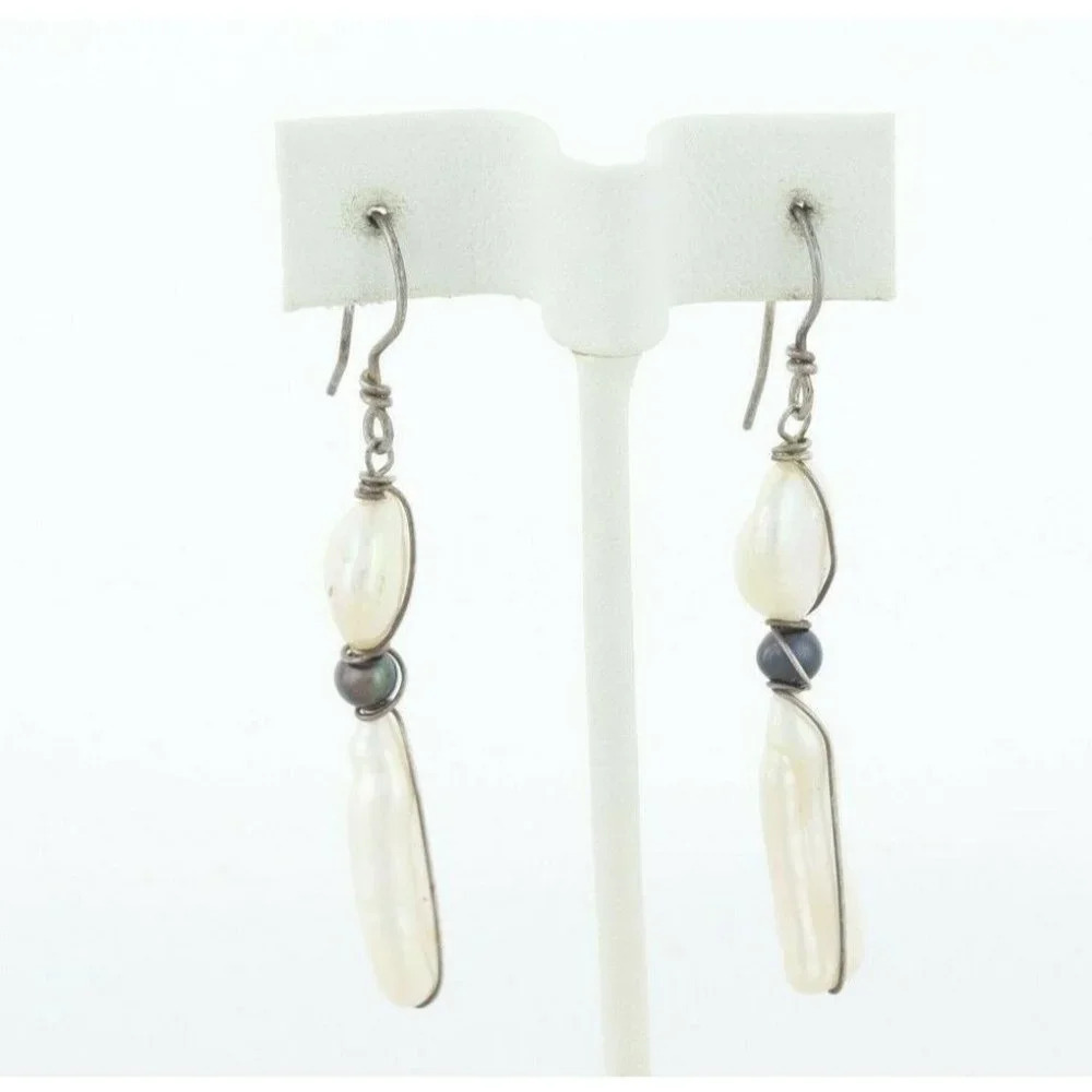 Sterling Silver White and Black Pearl Earrings Dangle Drop Earrings - Picture 5 of 7